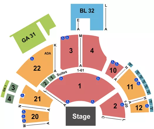 End Stage Seating Chart at Mountain Winery. The chart shows the main floor/stage with seating options surrounding it, which are color coded