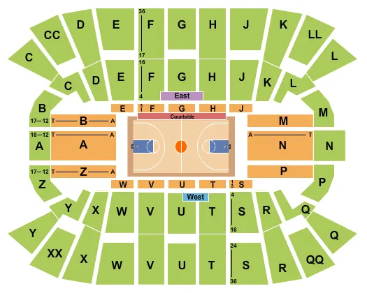 Basketball Seating Chart at Mullins Center. The chart shows the main floor/stage with seating options surrounding it, which are color coded