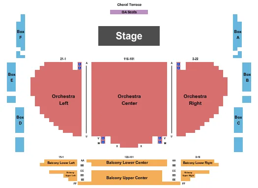 End Stage Seating Chart at Murchison Performing Arts Center. The chart shows the main floor/stage with seating options surrounding it, which are color coded