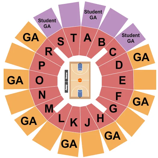 Basketball Seating Chart at Murphy Center. The chart shows the main floor/stage with seating options surrounding it, which are color coded