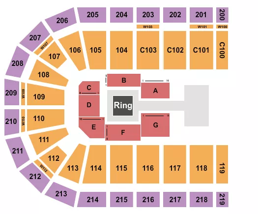AEW Seating Chart at NOW Arena. The chart shows the main floor/stage with seating options surrounding it, which are color coded