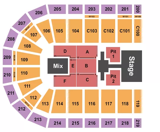 Phil Wickham Seating Chart at NOW Arena. The chart shows the main floor/stage with seating options surrounding it, which are color coded