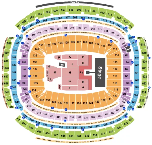 AC/DC Seating Chart at NRG Stadium. The chart shows the main floor/stage with seating options surrounding it, which are color coded
