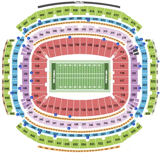 Football Row Seating Chart at NRG Stadium. The chart shows the main floor/stage with seating options surrounding it, which are color coded