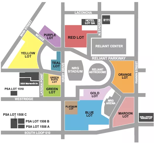 Parking Lot Seating Chart at NRG Stadium Parking Lots. The chart shows the main floor/stage with seating options surrounding it, which are color coded