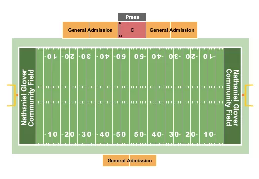 Football Seating Chart at Nathaniel Glover Community Field & Stadium. The chart shows the main floor/stage with seating options surrounding it, which are color coded