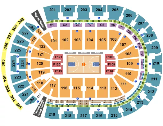 Basketball 2 Seating Chart at Nationwide Arena. The chart shows the main floor/stage with seating options surrounding it, which are color coded