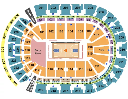 Basketball 1 Seating Chart at Nationwide Arena. The chart shows the main floor/stage with seating options surrounding it, which are color coded