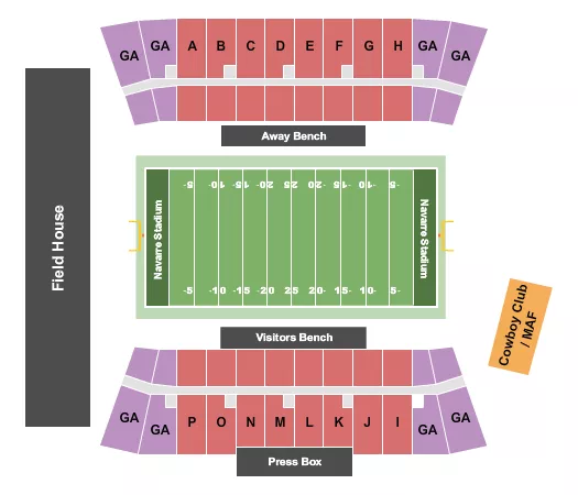 Football Seating Chart at Navarre Stadium. The chart shows the main floor/stage with seating options surrounding it, which are color coded