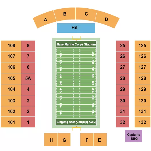 Football Seating Chart at Navy Marine Corps Memorial Stadium. The chart shows the main floor/stage with seating options surrounding it, which are color coded