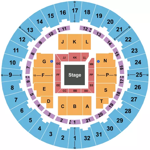 Center Stage 2 Seating Chart at Neal S. Blaisdell Center. The chart shows the main floor/stage with seating options surrounding it, which are color coded