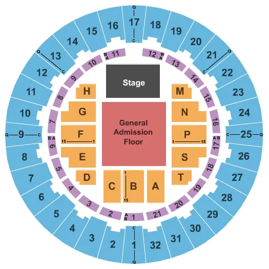End Stage GA Seating Chart at Neal S. Blaisdell Center - Arena. The chart shows the main floor/stage with seating options surrounding it, which are color coded