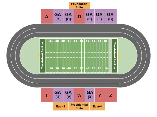 Football Seating Chart at The ThunderBowl. The chart shows the main floor/stage with seating options surrounding it, which are color coded