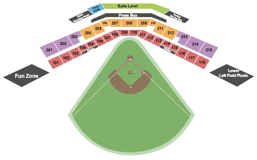 Baseball Seating Chart at New Britain Stadium. The chart shows the main floor/stage with seating options surrounding it, which are color coded