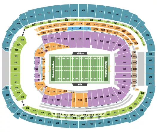 Football Seating Chart at New Highmark Stadium. The chart shows the main floor/stage with seating options surrounding it, which are color coded