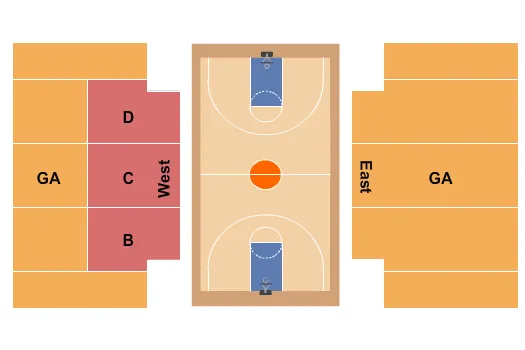 Basketball Seating Chart at Newman Arena. The chart shows the main floor/stage with seating options surrounding it, which are color coded