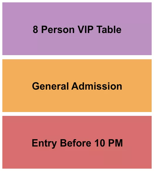 Early/GA/VIP Table of 8 Seating Chart at Night We Met. The chart shows the main floor/stage with seating options surrounding it, which are color coded