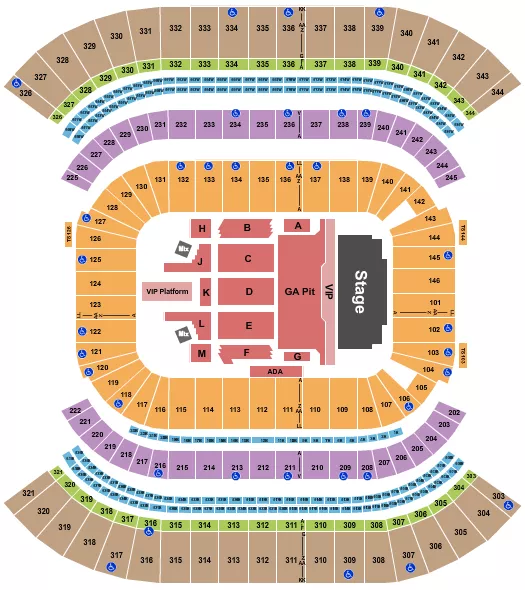 Alan Jackson Seating Chart at Nissan Stadium. The chart shows the main floor/stage with seating options surrounding it, which are color coded