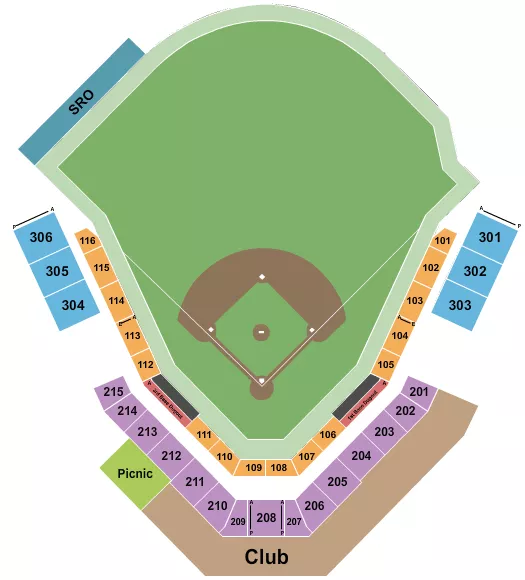 Baseball Seating Chart at Nomaco Park. The chart shows the main floor/stage with seating options surrounding it, which are color coded