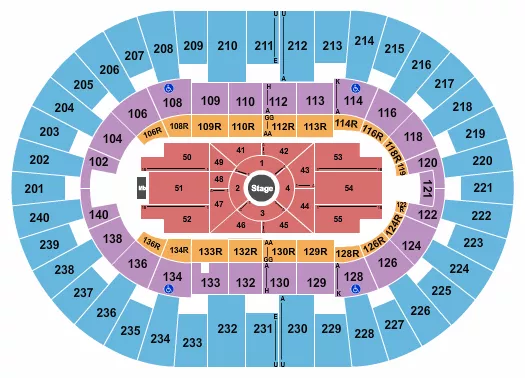 Center Stage 1 Seating Chart at North Charleston Coliseum. The chart shows the main floor/stage with seating options surrounding it, which are color coded