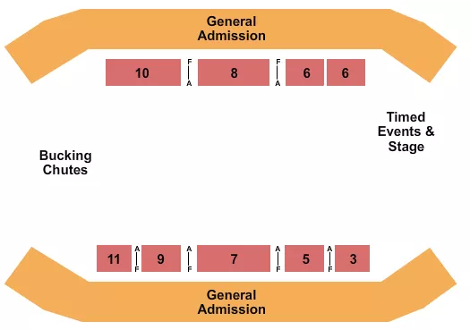 Rodeo With GA Seating Chart at North Dakota State Fairgrounds. The chart shows the main floor/stage with seating options surrounding it, which are color coded
