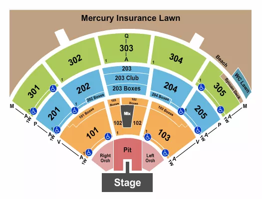 Dierks Bentley Seating Chart at North Island Credit Union Amphitheatre. The chart shows the main floor/stage with seating options surrounding it, which are color coded