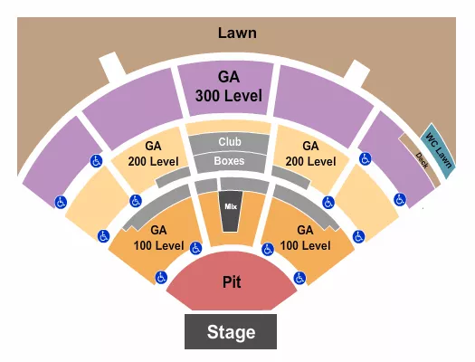 Endstage GA Levels Seating Chart at North Island Credit Union Amphitheatre. The chart shows the main floor/stage with seating options surrounding it, which are color coded