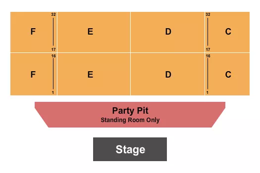 Endstage Party Pit Seating Chart at Northwest Washington Fair and Event Center. The chart shows the main floor/stage with seating options surrounding it, which are color coded