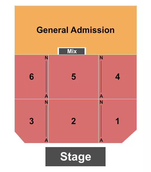 Endstage with GA Seating Chart at Nugget Ballroom At Nugget Casino Resort. The chart shows the main floor/stage with seating options surrounding it, which are color coded