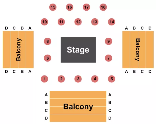 Center Stage Seating Chart at Numerica Performing Arts Center. The chart shows the main floor/stage with seating options surrounding it, which are color coded