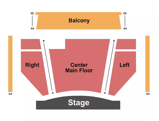 End Stage No Premium Seating Chart at Numerica Performing Arts Center. The chart shows the main floor/stage with seating options surrounding it, which are color coded