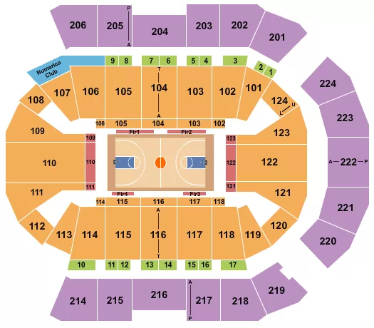 Basketball - NCAA Seating Chart at Numerica Veterans Arena. The chart shows the main floor/stage with seating options surrounding it, which are color coded