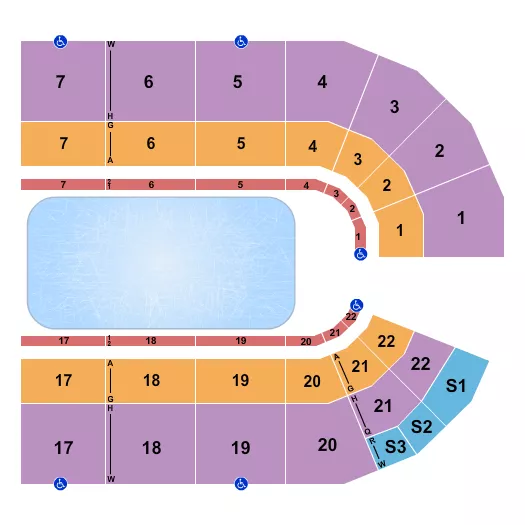 Disney On Ice Seating Chart at OG&E Coliseum at OKC Fairgrounds. The chart shows the main floor/stage with seating options surrounding it, which are color coded
