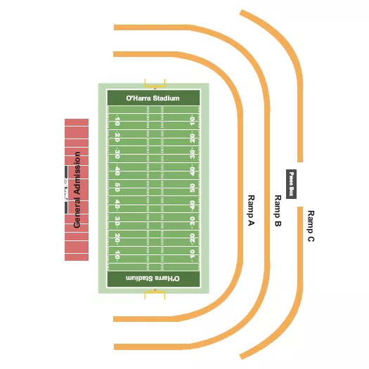 Football Seating Chart at O'Harra Stadium. The chart shows the main floor/stage with seating options surrounding it, which are color coded