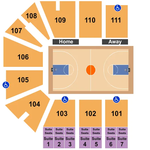 Basketball Seating Chart at O'Reilly Family Events Center. The chart shows the main floor/stage with seating options surrounding it, which are color coded