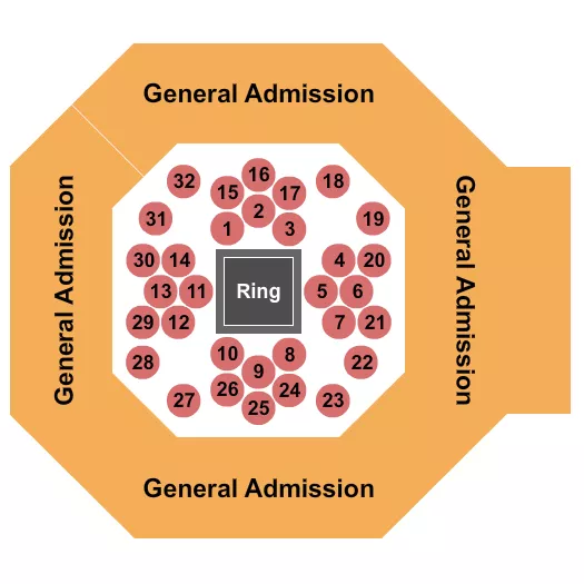 GA & Tables Seating Chart at Oak Grove Racing Gaming and Hotel. The chart shows the main floor/stage with seating options surrounding it, which are color coded