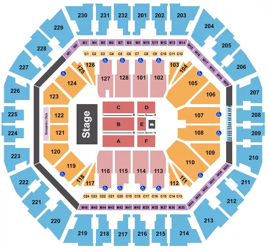 AR Rahman Seating Chart at Oakland Arena. The chart shows the main floor/stage with seating options surrounding it, which are color coded