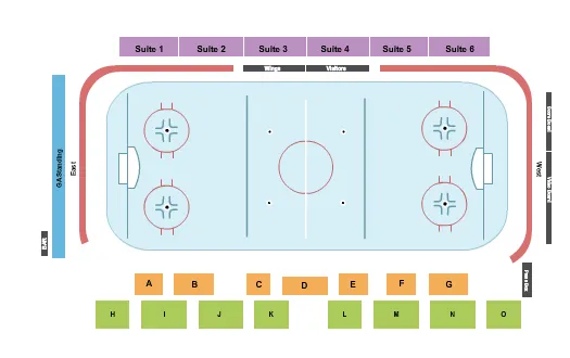 Hockey Seating Chart at Odde Ice Center at Brown County Fairgrounds. The chart shows the main floor/stage with seating options surrounding it, which are color coded