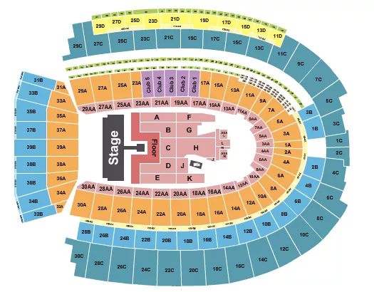 AC/DC Seating Chart at Ohio Stadium. The chart shows the main floor/stage with seating options surrounding it, which are color coded