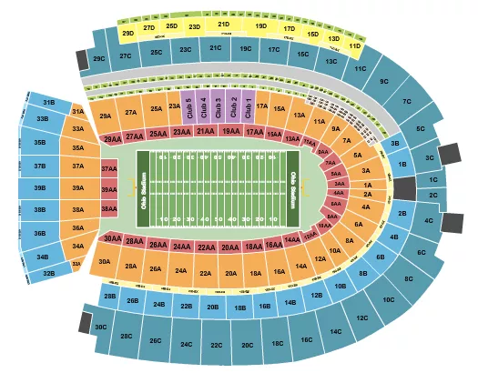 Football Seating Chart at Ohio Stadium. The chart shows the main floor/stage with seating options surrounding it, which are color coded