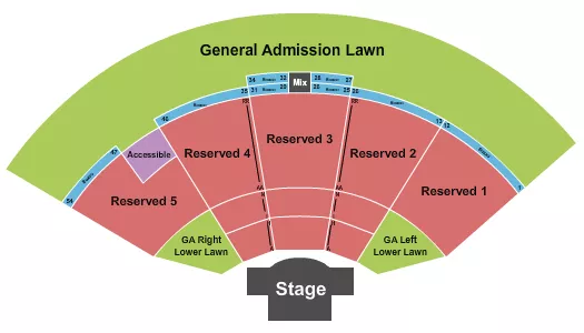 Endstage 4 Seating Chart at Oklahoma City Zoo Amphitheatre. The chart shows the main floor/stage with seating options surrounding it, which are color coded