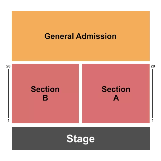 Endstage A&B Seating Chart at Concrete Street Amphitheater. The chart shows the main floor/stage with seating options surrounding it, which are color coded