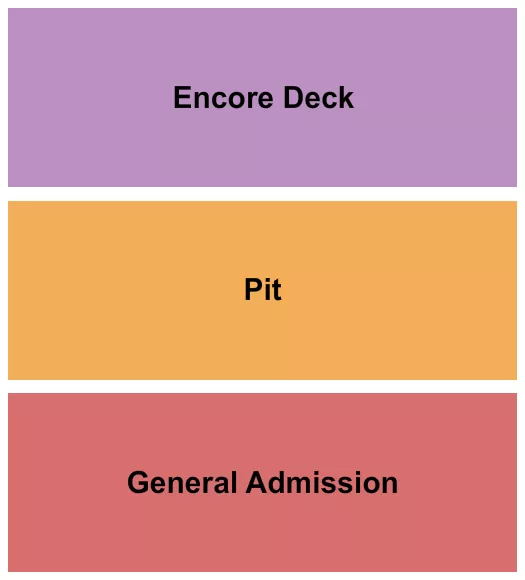GA/Pit/Deck Seating Chart at Old Concrete Street Amphitheater. The chart shows the main floor/stage with seating options surrounding it, which are color coded