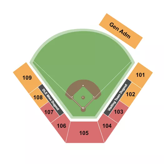 Softball Seating Chart at Ole Miss Softball Complex. The chart shows the main floor/stage with seating options surrounding it, which are color coded