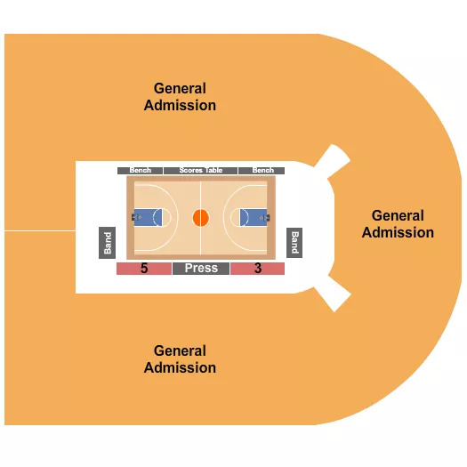 Basketball - WAC Tourny Seating Chart at Orleans Arena - The Orleans Hotel. The chart shows the main floor/stage with seating options surrounding it, which are color coded