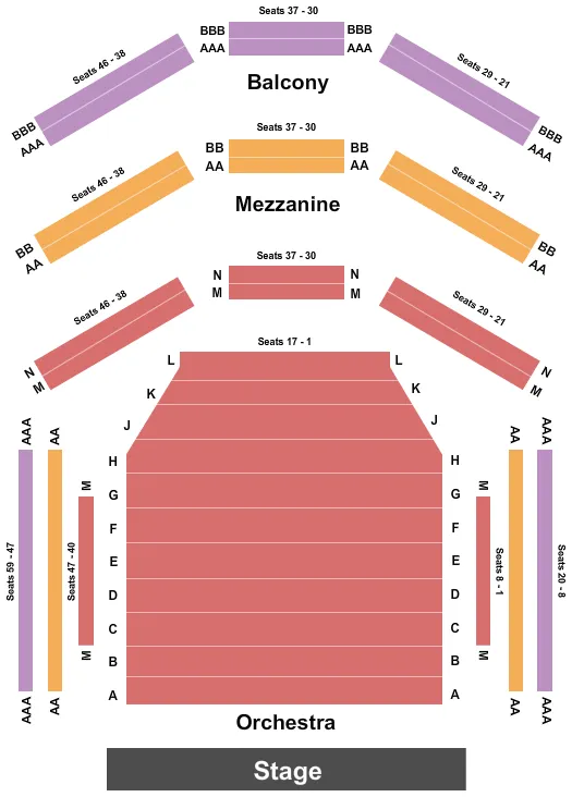 Owen Theatre Seating Chart at Owen Bruner Goodman Theatre. The chart shows the main floor/stage with seating options surrounding it, which are color coded