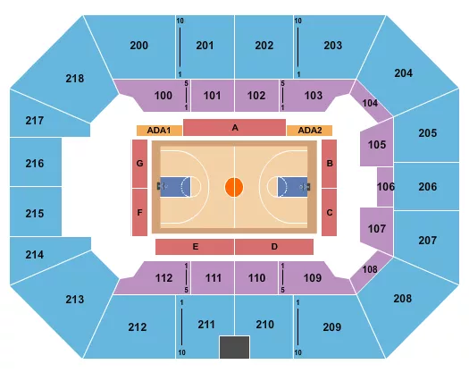 Basketball - Globetrotters Seating Chart at Owensboro Sportscenter. The chart shows the main floor/stage with seating options surrounding it, which are color coded