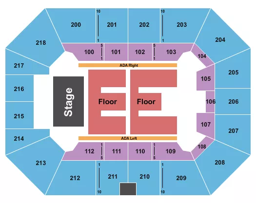 Endstage 3 Seating Chart at Owensboro Sportscenter. The chart shows the main floor/stage with seating options surrounding it, which are color coded