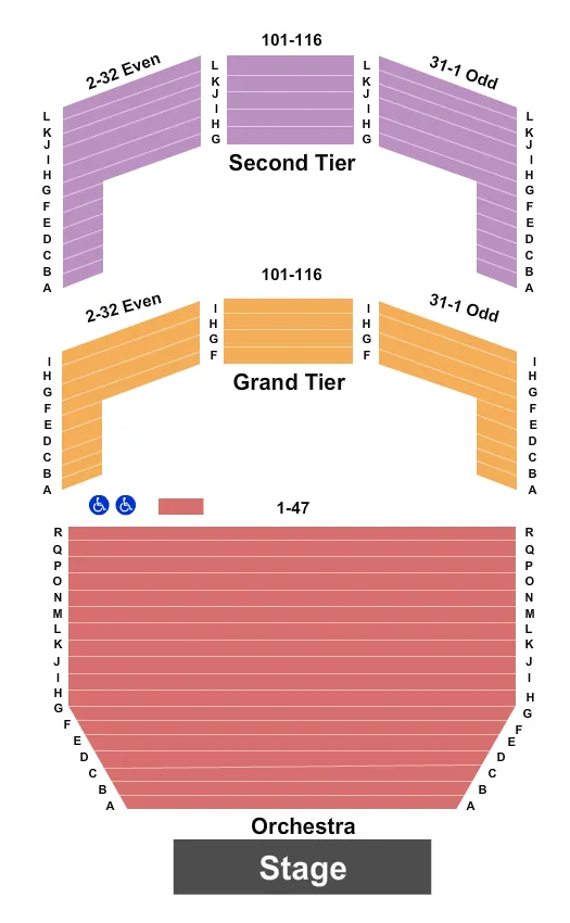 Concert Hall Seating Chart at Concert Hall at Performing Arts Center Purchase College. The chart shows the main floor/stage with seating options surrounding it, which are color coded