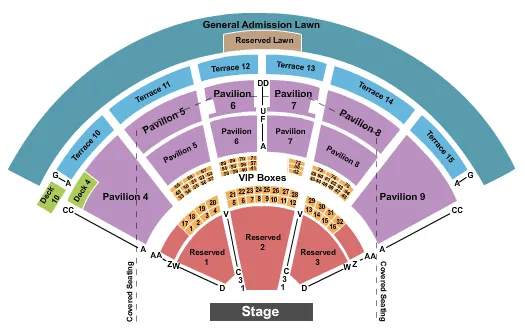 End Stage Seating Chart at PNC Music Pavilion. The chart shows the main floor/stage with seating options surrounding it, which are color coded